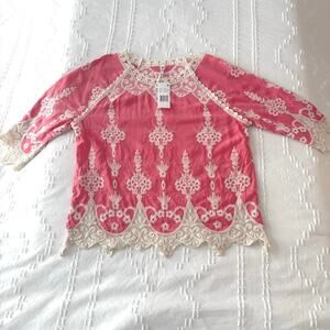 Embroidered Coral Lace Peasant Top Scalloped Hem Boho Feminine Style Blouse M